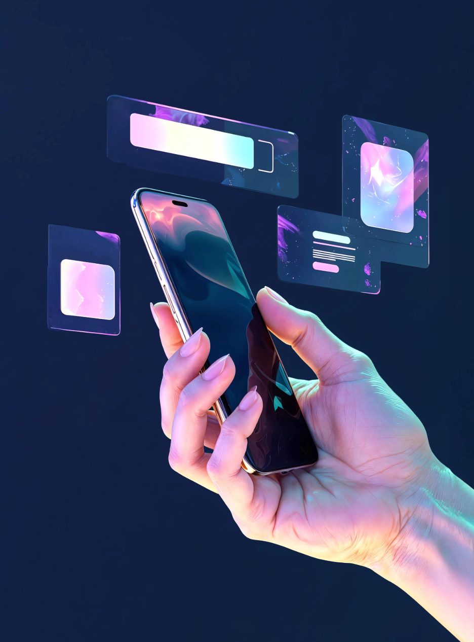 Eine Hand hält ein Smartphone vor einem Hintergrund aus leuchtenden, abstrakten Farben und fließenden Formen.
