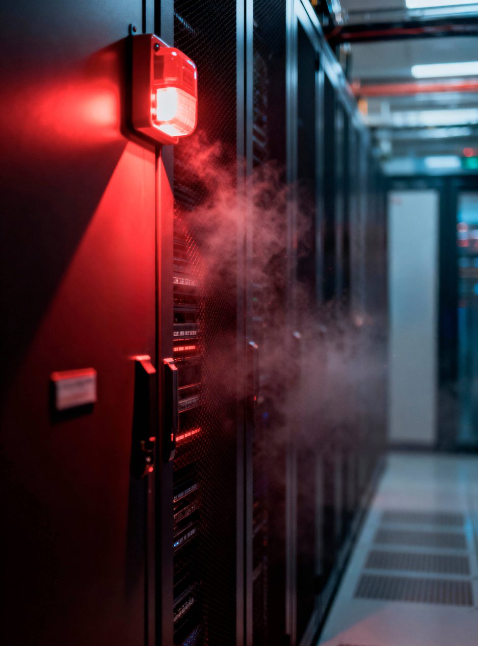 Ein dunkler Serverraum mit zahlreichen roten LED-Statuslichtern an Servern und Netzwerkgeräten.